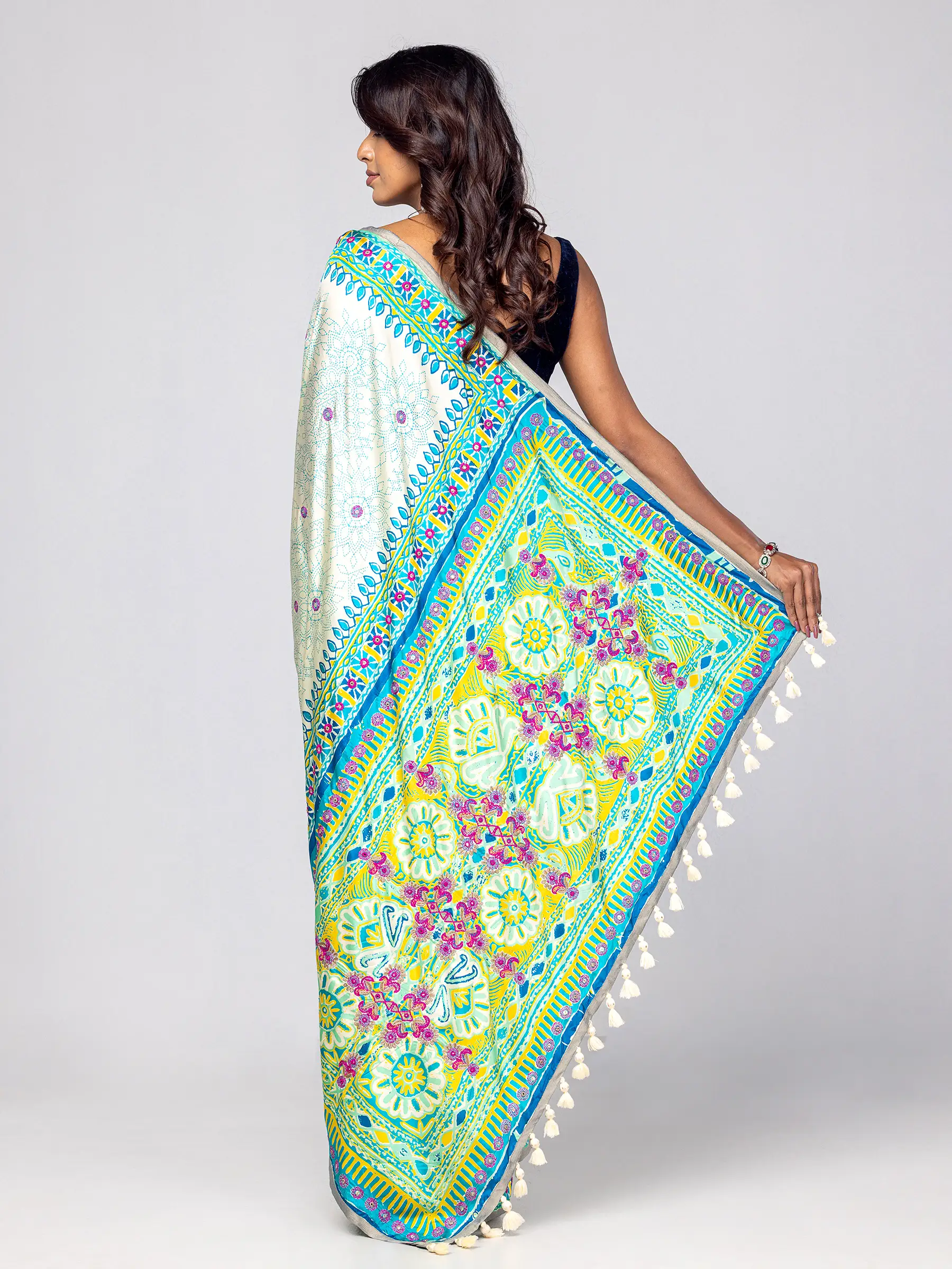 Light Mint White Printed and Embroidered Silk Saree