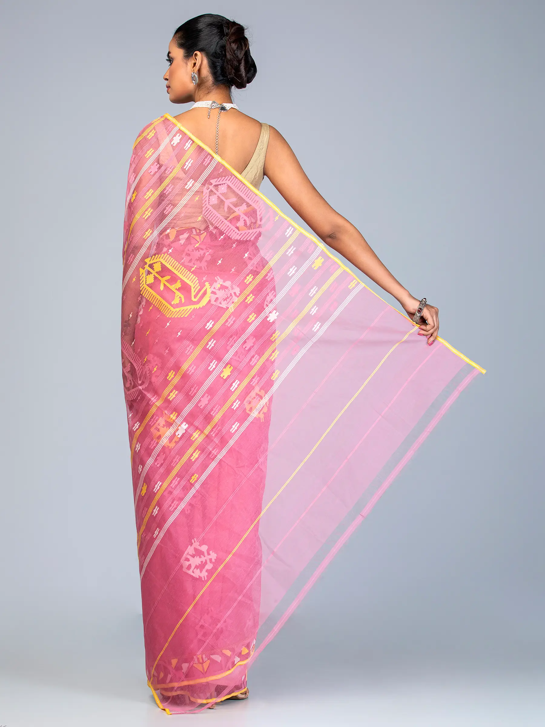 Dark Onion Pink Half Silk Jamdani Saree