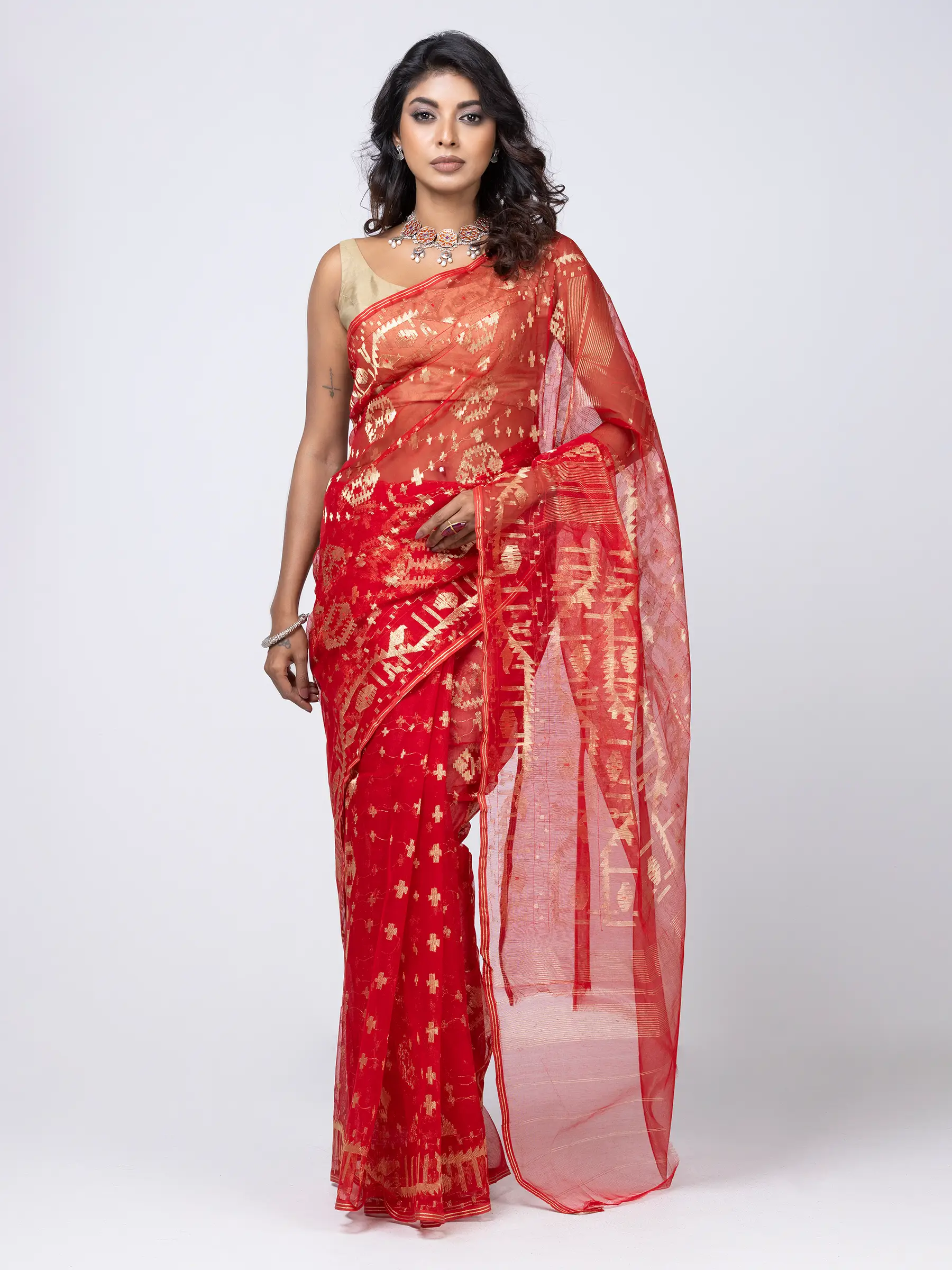 Dark Onion Pink Half Silk Jamdani Saree