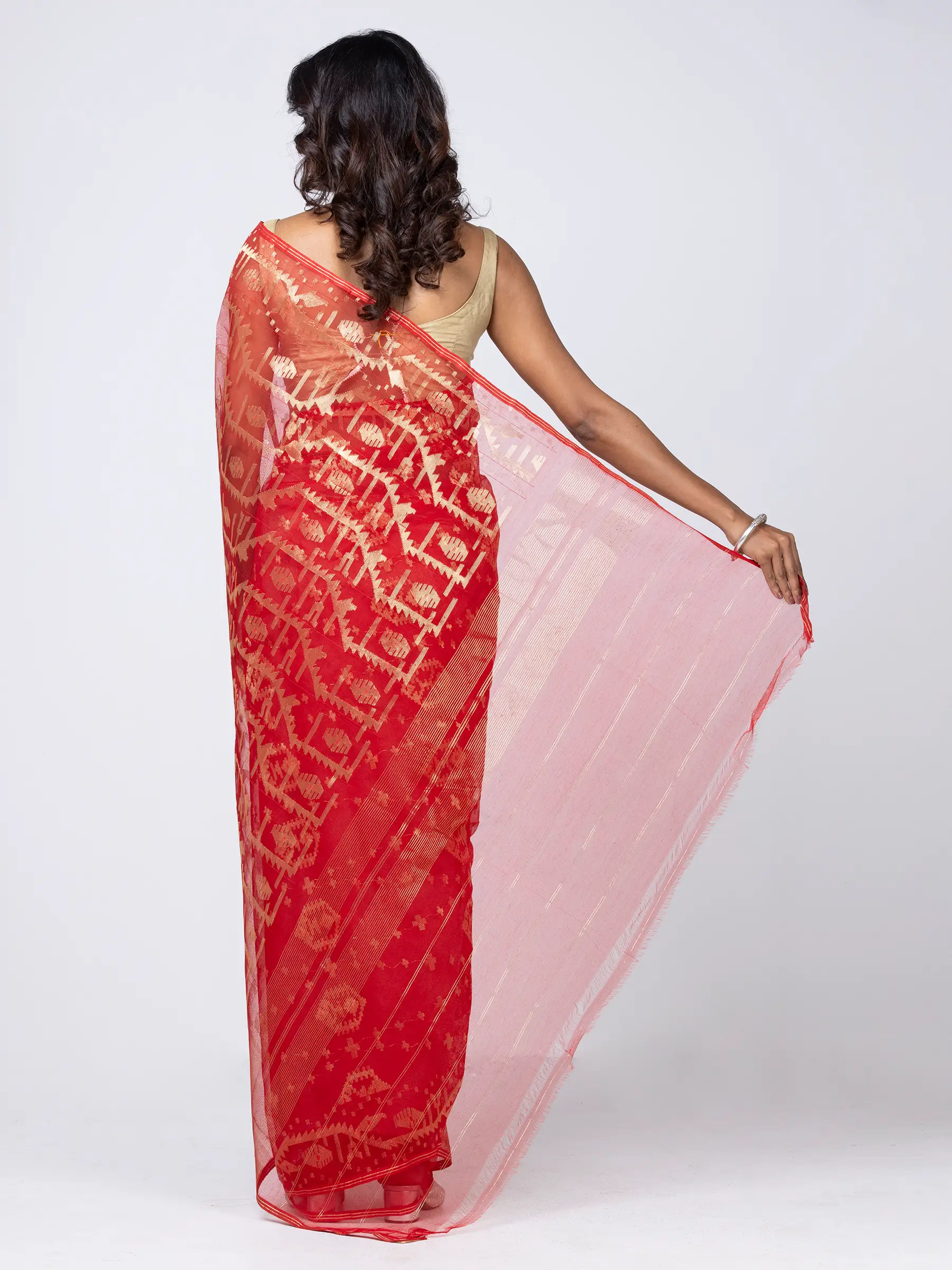 Dark Onion Pink Half Silk Jamdani Saree