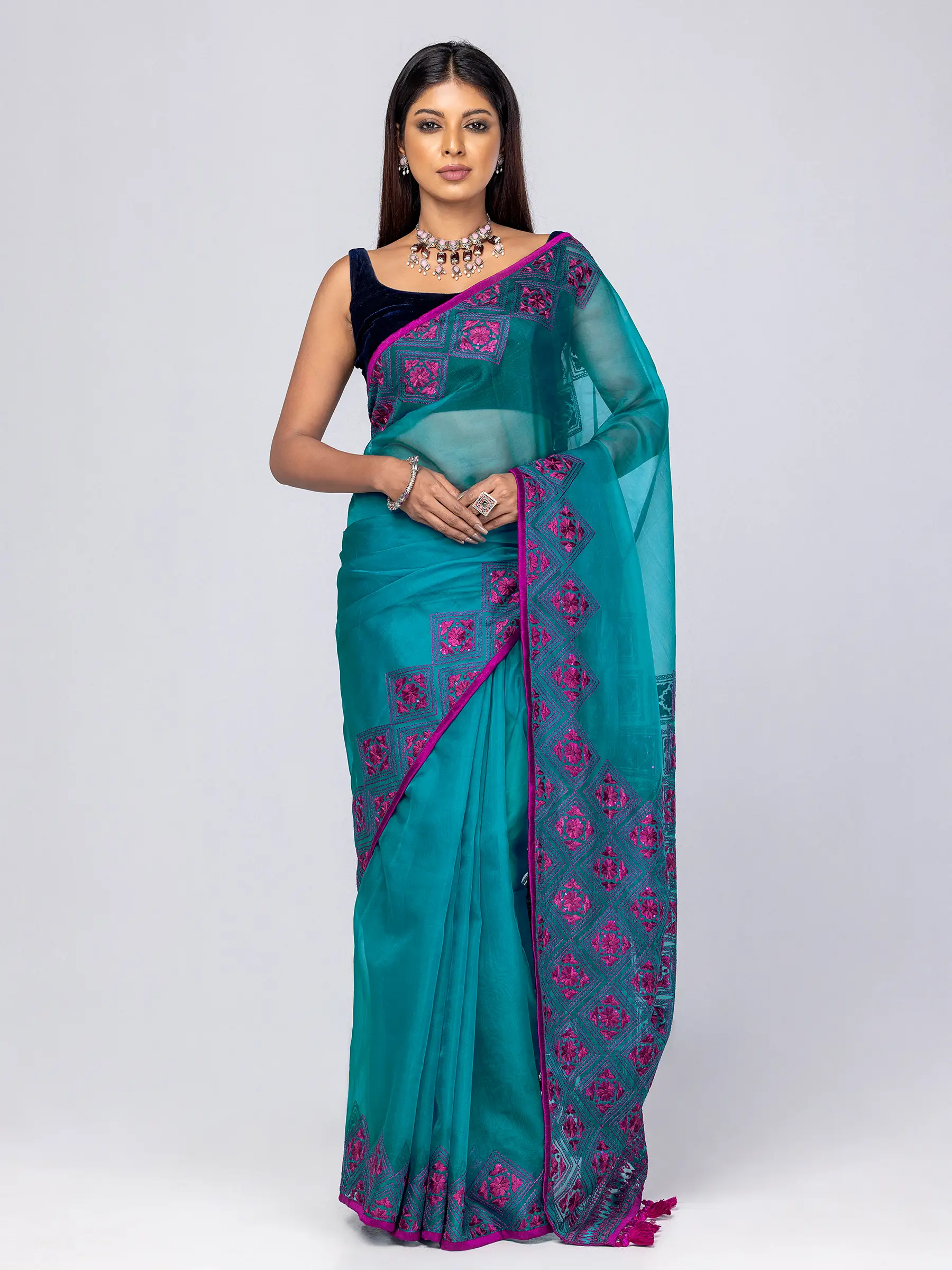 Light Grey Printed and Embroidered Muslin Saree