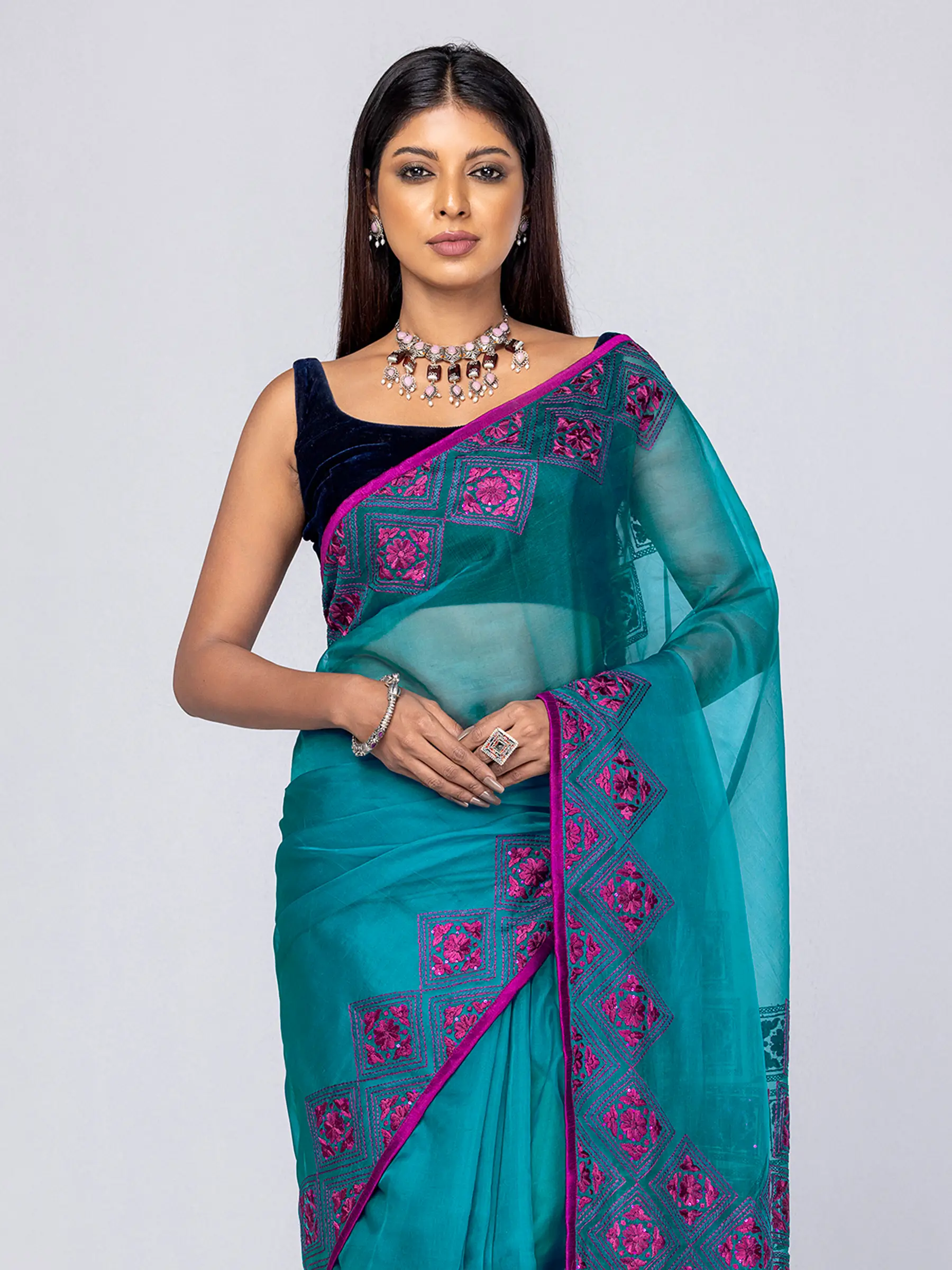 Light Grey Printed and Embroidered Muslin Saree