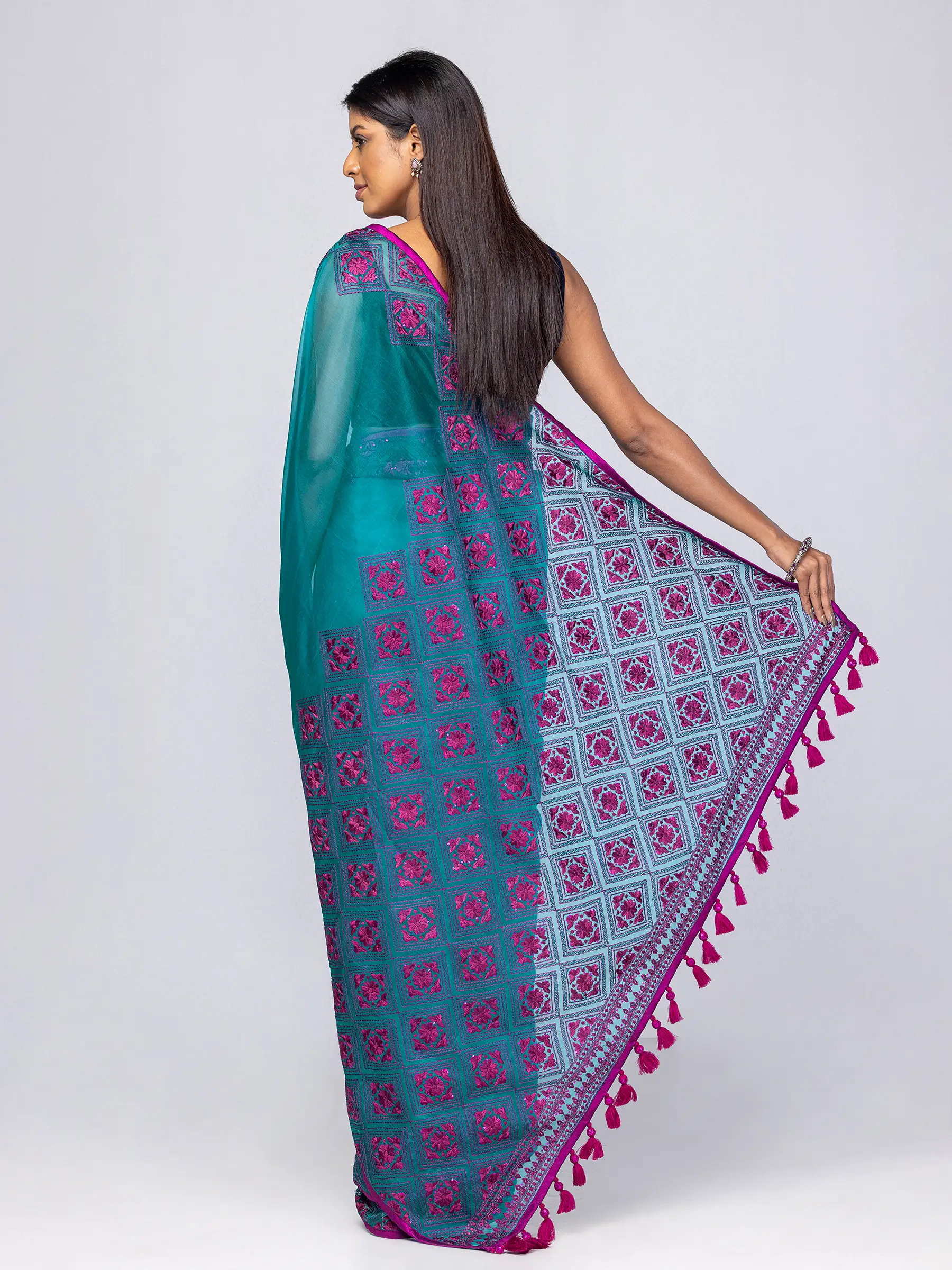 Light Grey Printed and Embroidered Muslin Saree