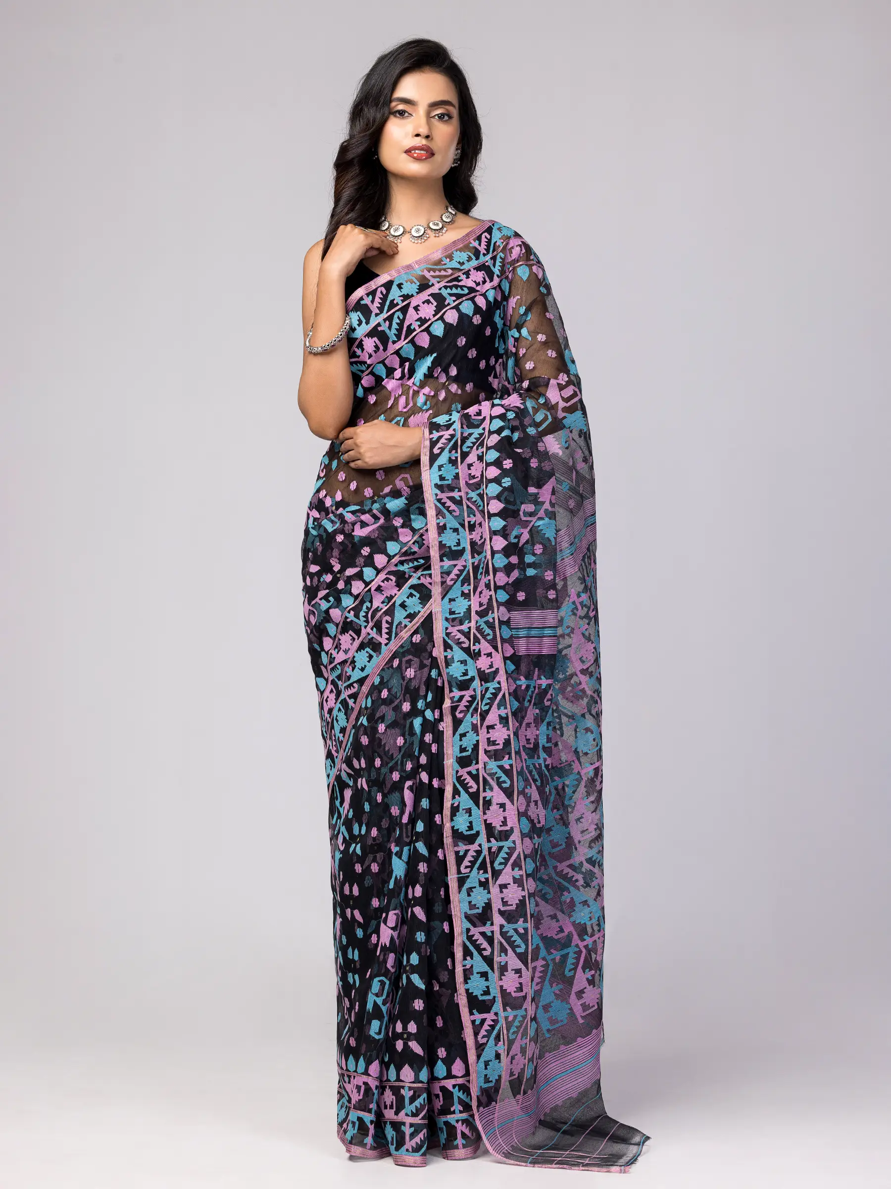 Dark Onion Pink Half Silk Jamdani Saree