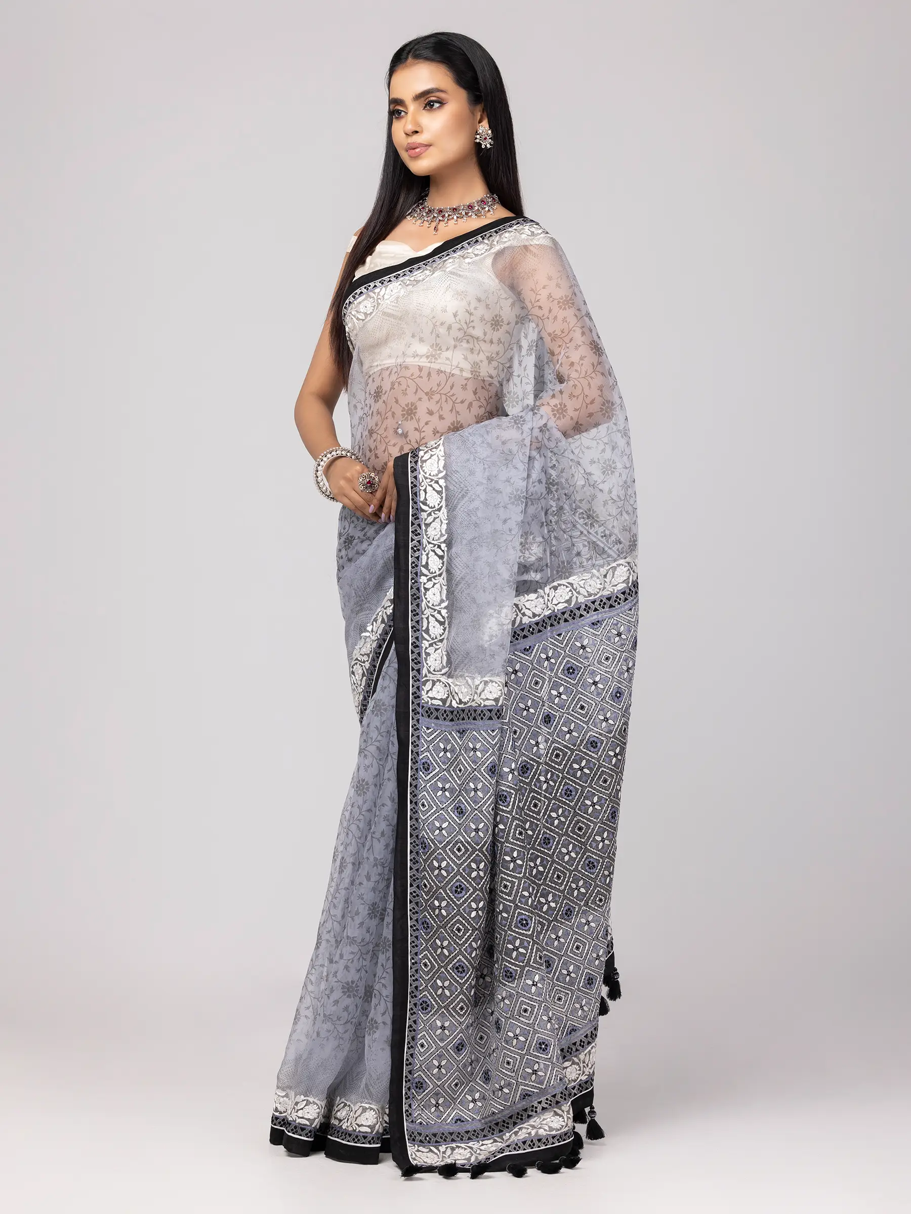 Light Grey Printed and Embroidered Muslin Saree