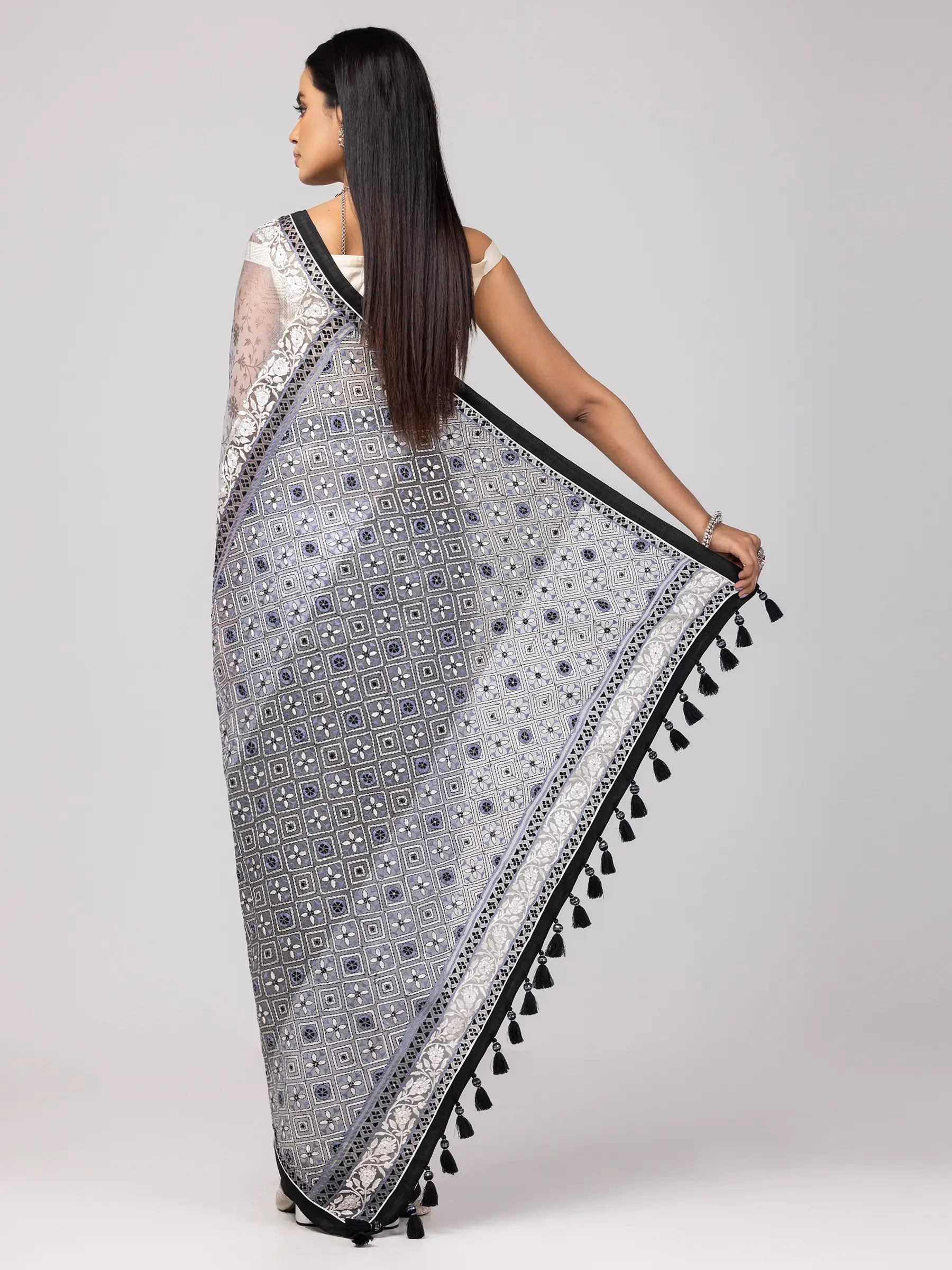 Light Grey Printed and Embroidered Muslin Saree